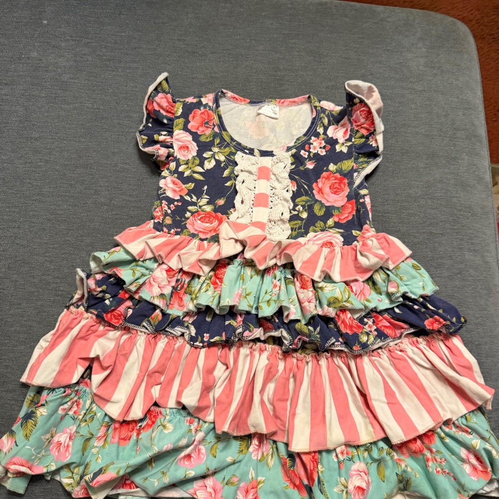 Boutique Girls Floral Striped Tiered Ruffle Dress Navy Pink Mint Flutter Sleeve
